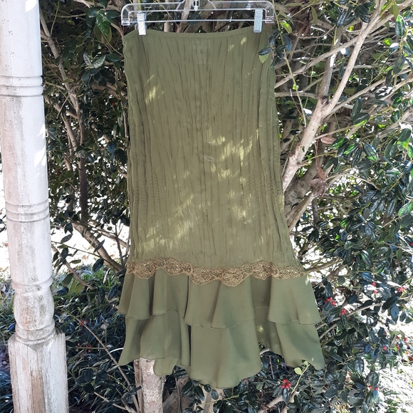 SLIM & SHEER OLIVE GREEN RUFFLED MAXI SKIRT - Picture 2 of 6